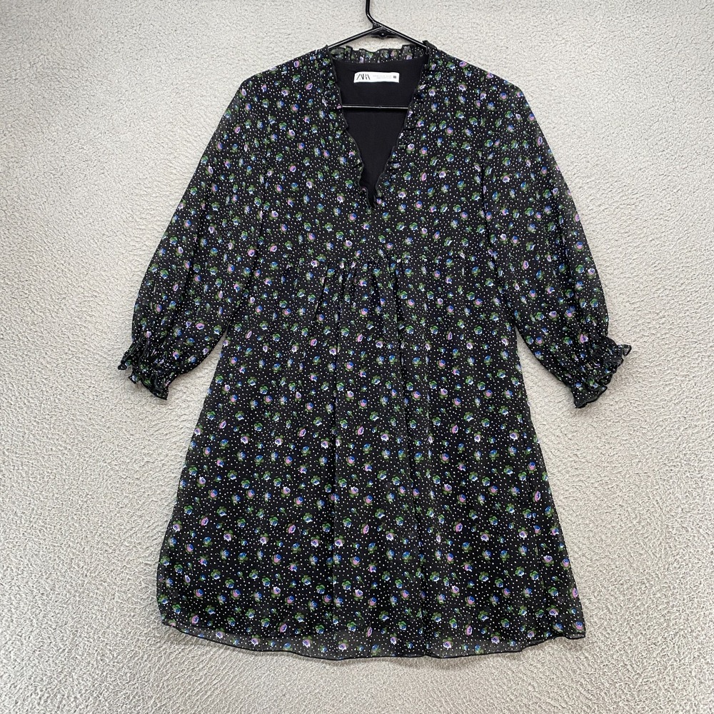 Zara Dress Womens XS Babydoll Dark Romantic Dainty Cottagecore Floral Ruffle
